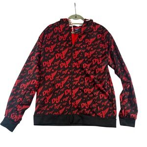 DJ Julius Irving Over Logo Print Zip Up Hoodie Red Black Mens Size Large